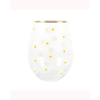 Daisy Print Stemless Wine Glass