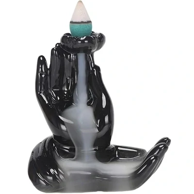 Lotus Double Buddha Hand Waterfall Ceramic Backflow Incense Cone Burner
