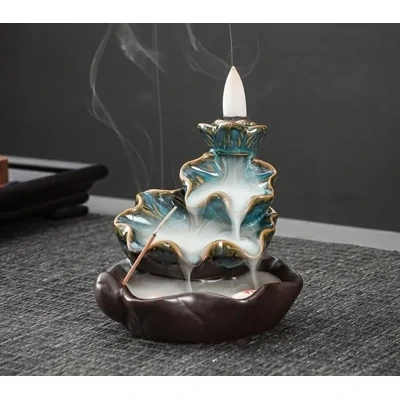 Mountain Moon Bamboo Lotus Ceramic Waterfall Backflow Incense Burner B3