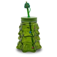 Glass Cup with Straw - Xmas Tree