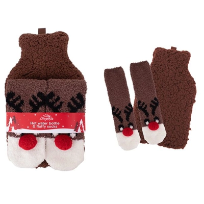 Hot Water Bottle with Socks - Reindeer