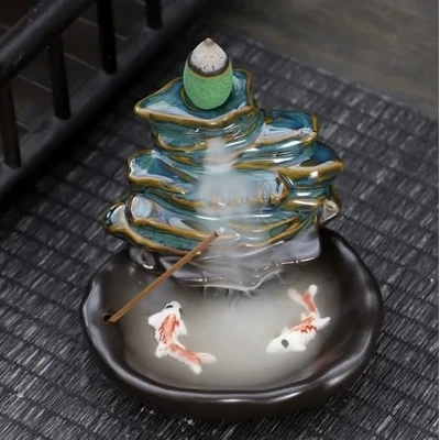Mountain Moon Bamboo Lotus Ceramic Waterfall Backflow Incense Burner B7