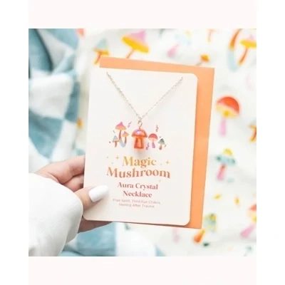 Orange Aura Crystal Mushroom Necklace Greeting Card