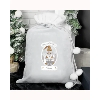 Personalised Christmas Gonk Luxury Silver Grey Pom Pom Sack