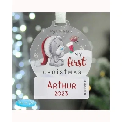 Personalised First Christmas Tiny Tatty Teddy Acrylic Snow Globe Decoration