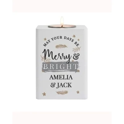 Personalised Merry & Bright White Wooden Tea Light Holder