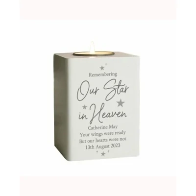 Personalised Our Star In Heaven White Wooden Tea Light Holder