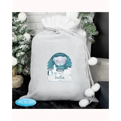 Personalised Winter Explorer Tiny Tatty Teddy Luxury Silver Grey Pom Pom Sack