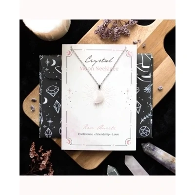 Rose Quartz Crystal Moon Necklace on Greeting Card