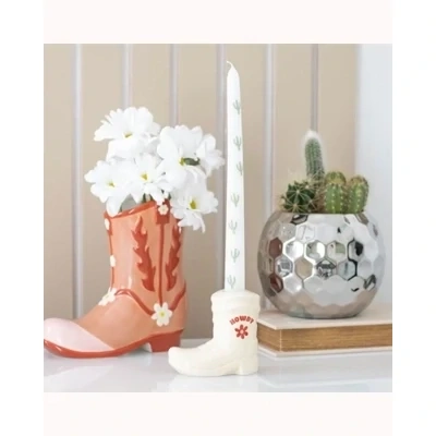 White Cowboy Boot Candle Holder with Taper Candle