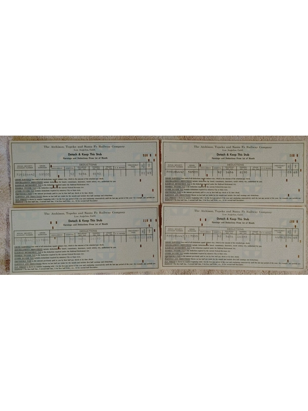 4 Vtg 1965 Atchison Topeka Santa Fe Railway Pay Stubs Railroad Employee Ephemera