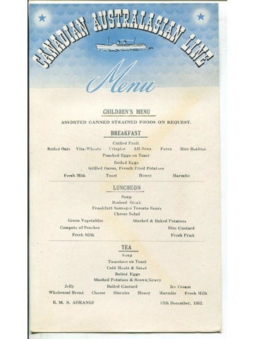3 Vtg December 17 18 23 1952 Canandian Australian Cruise Menus RMS Aorangi WWII