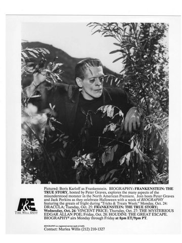 1994 Frankenstein Boris Karloff Biography Press Photo A&E TV B&W 8x10 Monster