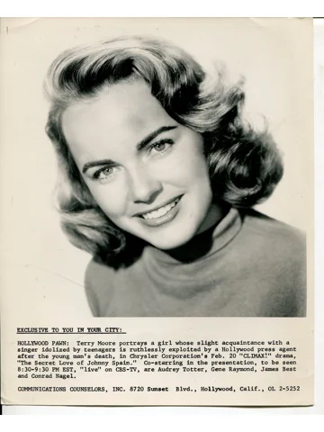 Climax! Terry Moore Secret Love of Johnny Spain TV Press Photo B&W 1958