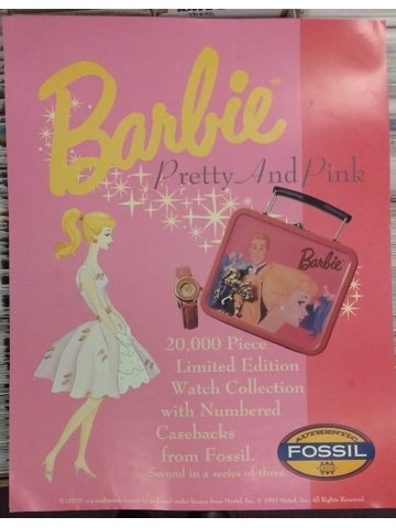 1993 Barbie Pretty & Pink Fossil Watch Poster Advertising Promotional Ponytail