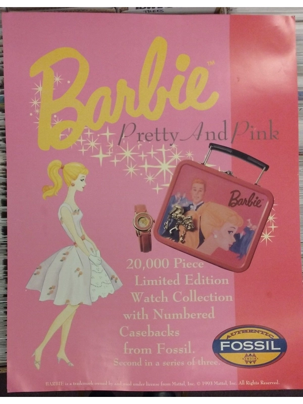 1993 Barbie Pretty & Pink Fossil Watch Poster Advertising Promotional Ponytail