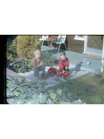 2 Vtg 1963 35MM Film Slide Boys Playing with Texaco Deluge Fire Engine Truck