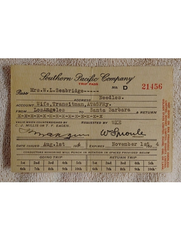 Vtg 1924 Southern Pacific Railway Employee Pass Los Angeles Santa Barbara Trip