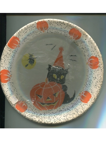 Vtg 1970s Halloween Paper Plates Witch Black Cat Jack-o-Lantern Bats Party New