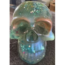 Large green/turquoise/bronze sparkly Skull
