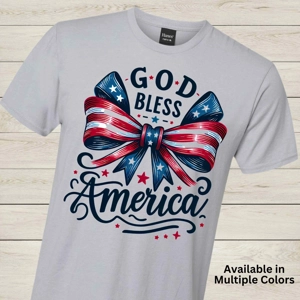 God Bless America Christian Patriotic Bow Tee – USA Flag Graphic Shirt