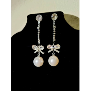 Pearl Long Stud Earrings with Crystal Bow Design