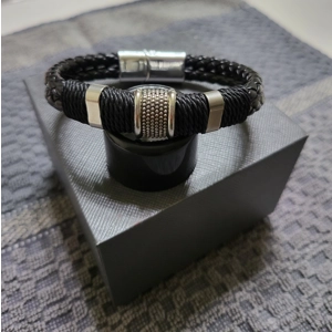 Woven Leather Bracelet with Silver Accents for Men
