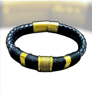 Leather Woven Bracelet with Golden Yellow Tone Accents for Men  20cm