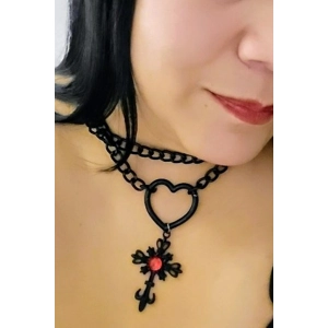 Necklace with Heart and Red Gem Cross