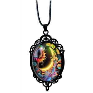 Gothic Style Glass Oval Pendant Necklace with Sunflower Design Black Rope Chain for Women
