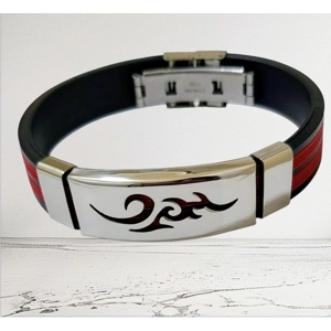 Stainless Steel Bracelet with Red and Black Stripes and Tribal Design for Men (One Size)