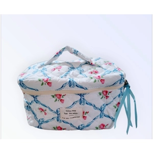 Quilted Makeup and Accessory Large Carry Bag with Floral Design and Zipper Closure