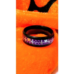 Black Stainless Steel Wedding/Engagement Love Ring with Silver Hearts and Heartbeat Size 7