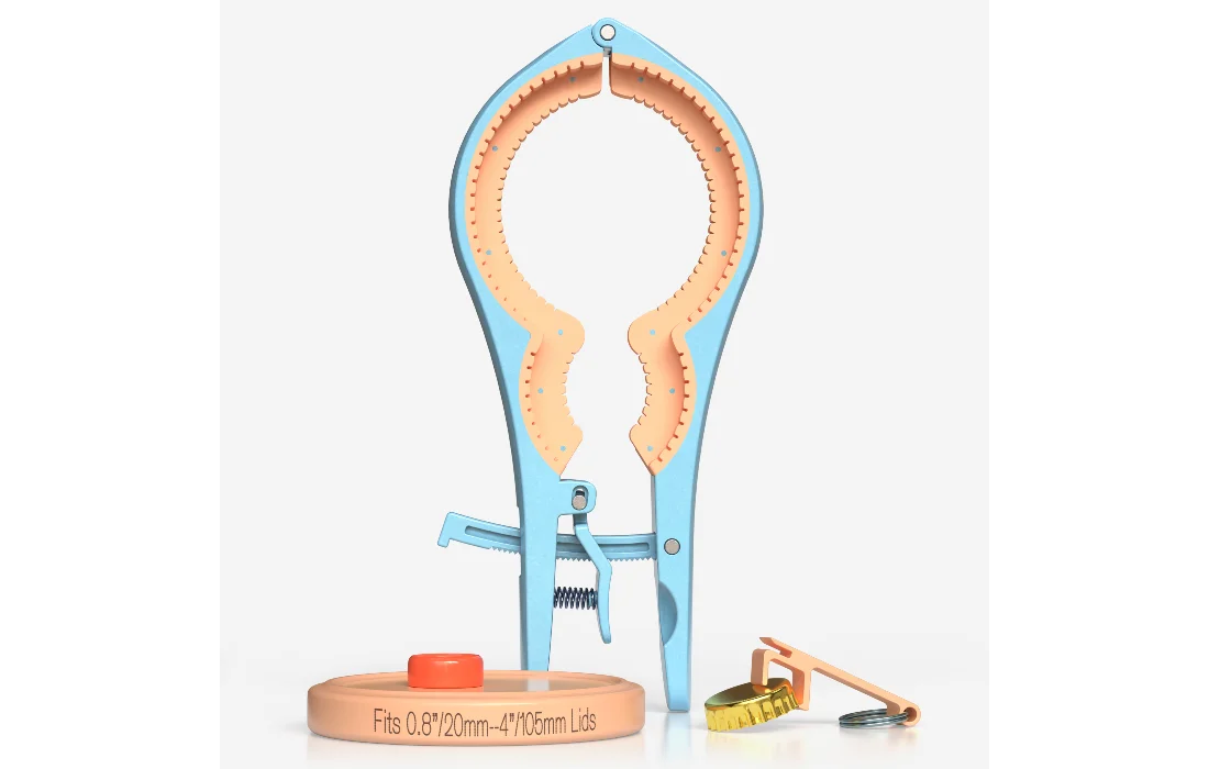 Light blue and pastel peach self-locking Easy Twist jar opener with bonus multi-tool, designed for many straight-edge screw-top lids from 0.8 to 4 inches.