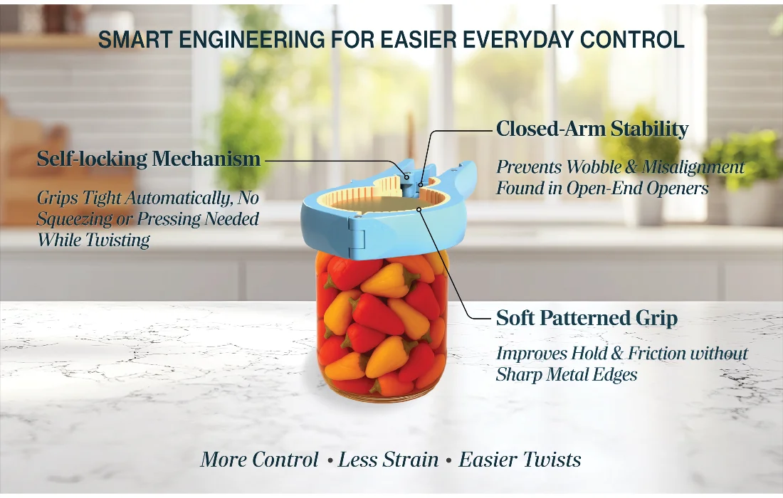 Light blue self-locking jar opener on a jar, highlighting the self-locking mechanism, closed-arm stability, and patterned anti-slip grip for better control and less strain.