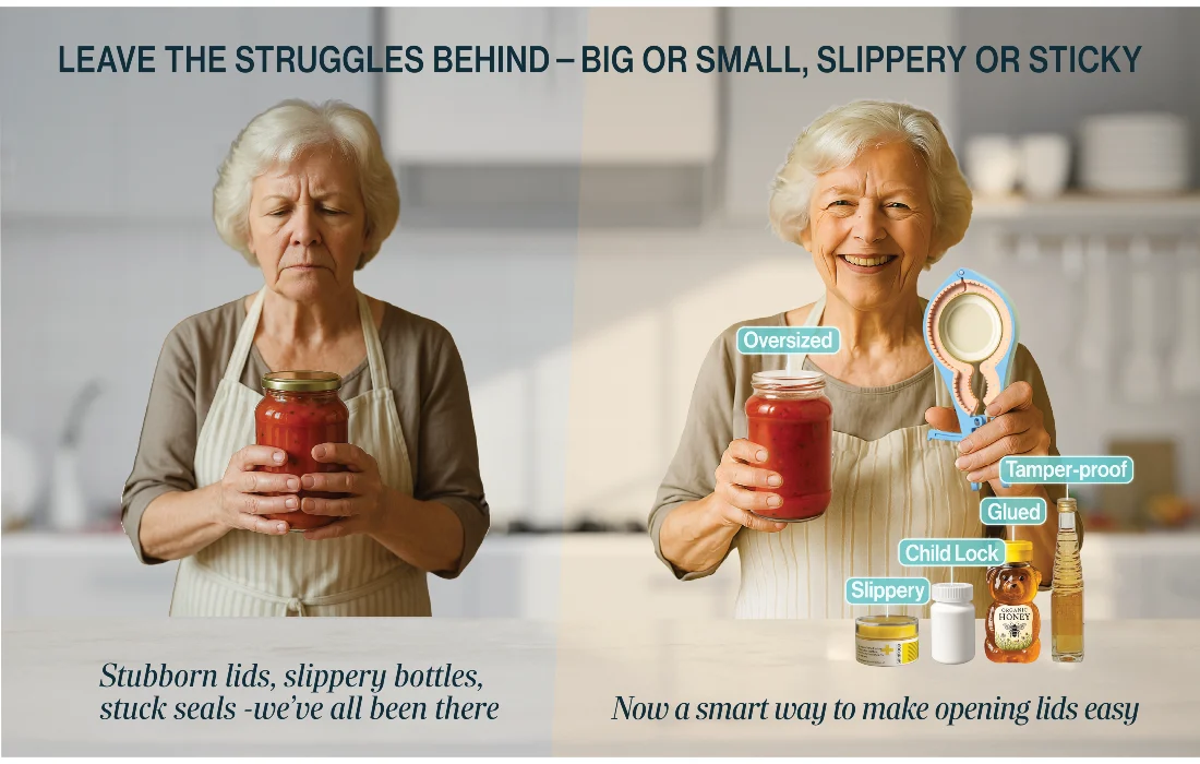 Woman struggling to open a jar on the left and using a self-locking jar opener on the right, showing a smarter jar opener for stubborn, slippery, oversized, and hard-to-open lids.