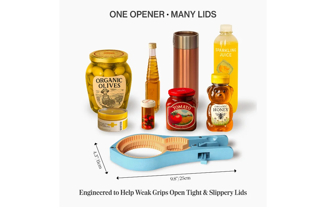 Self-locking jar opener shown with a variety of everyday jars and bottles, including small caps, mason jars, and larger kitchen containers.