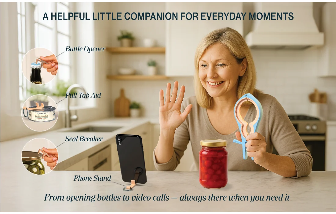 Woman in a kitchen holding the jar opener beside a jar, with callouts showing the bonus multi-tool used as a bottle opener, pull-tab lifter, lid loosener, and phone stand.