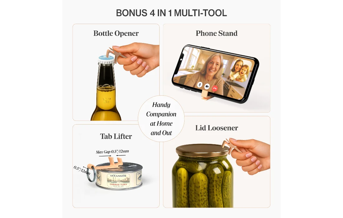 Bonus 4-in-1 multi-tool shown as a bottle opener, phone stand, pull-tab lifter, and lid loosener for home and travel use.