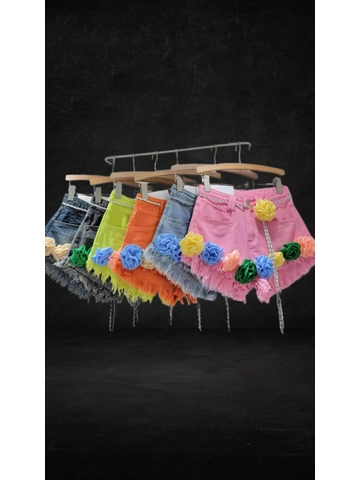 Colorful Flower Rough Edge Denim Shorts