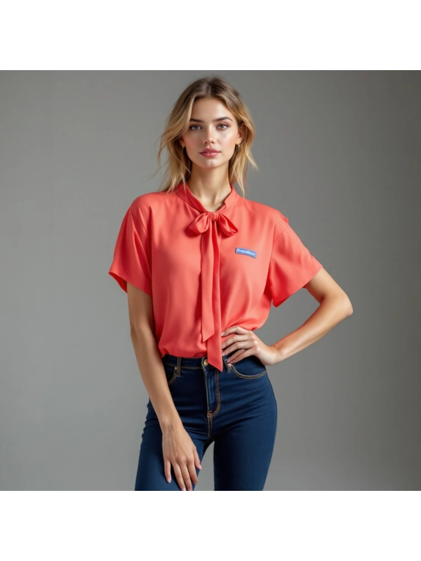 Coral Tie Neck Short Sleeve Blouse