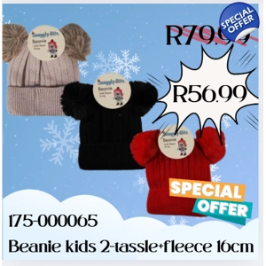175-000065 Beanie kids 2-tassle+fleece 16cm