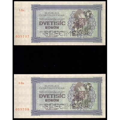 Czechoslovakia 2000 Korun 1945 Specimen aUNC Pair