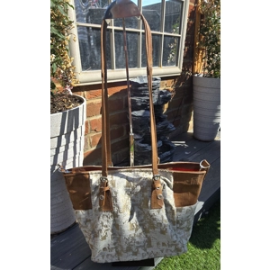 Tan Leather & Gold & Cream Fabric Tote bag