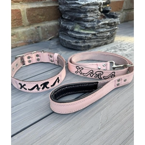 Custom Dog Collar and Lead in Pink Leather with cut out name on collar and stitched on lead. SOLD