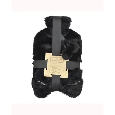 Black Faux Fur Hot Water Bottle & Cat Eye Mask