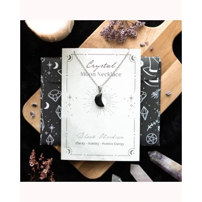 Black Obsidian Crystal Moon Necklace on Greeting Card