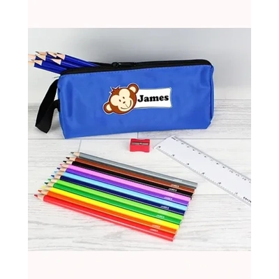 Blue Monkey Pencil Case with Personalised Pencils & Crayons Blue Monkey Pencil Case with Personalised Pencils & Crayons