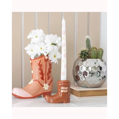 Brown Cowboy Boot Candle Holder with Taper Candle