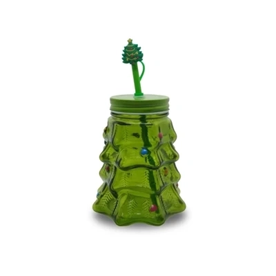 Glass Cup with Straw - Xmas Tree Glass Cup with Straw - Xmas Tree